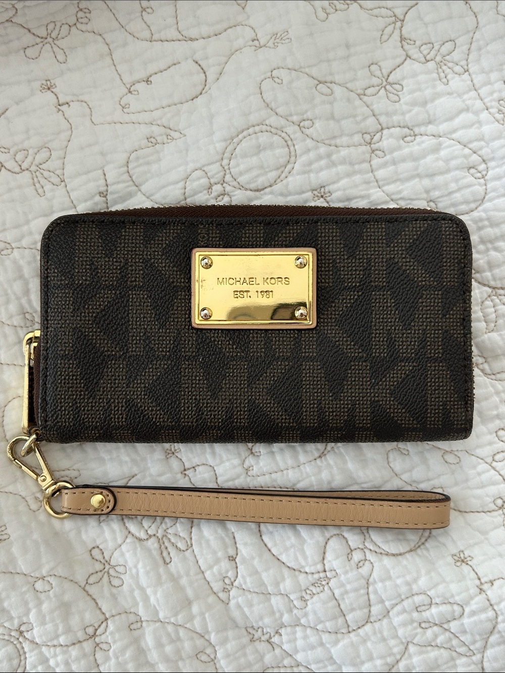 Michael Kors Brown Logo Wristlet Wallet with Gold Plate